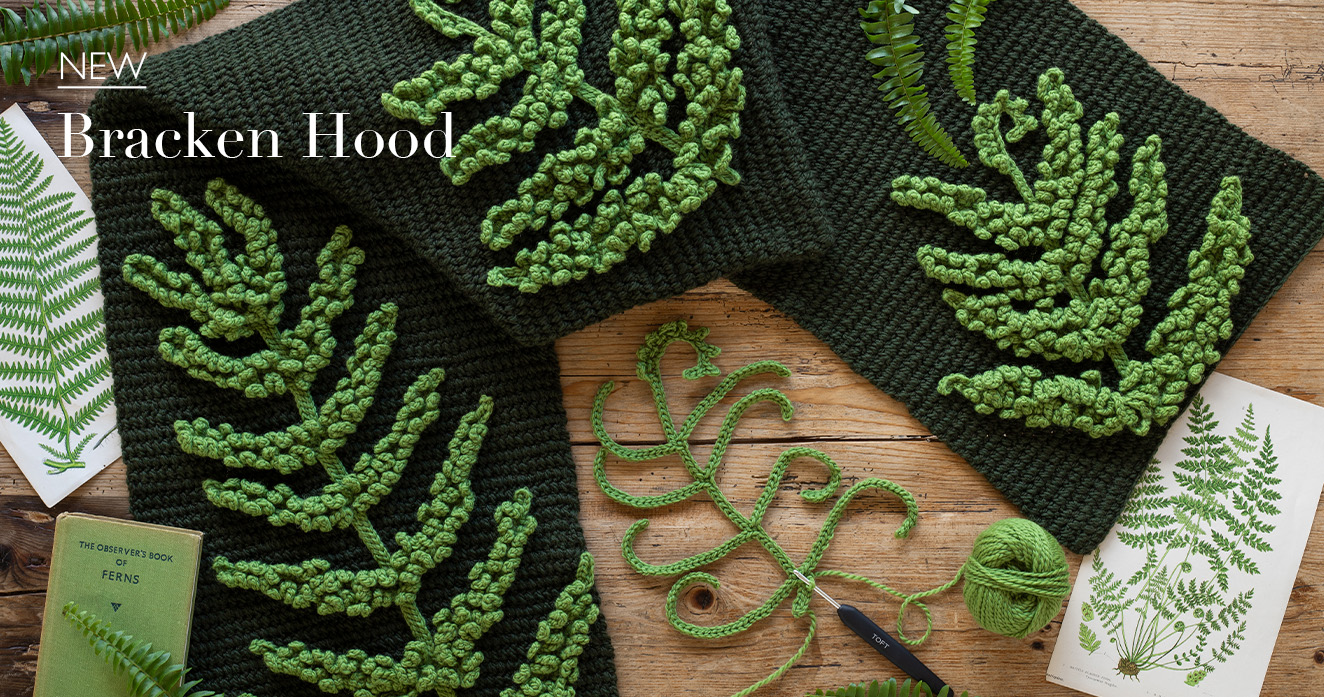 NEW bracken hood crochet fern pattern toft beneath the trees